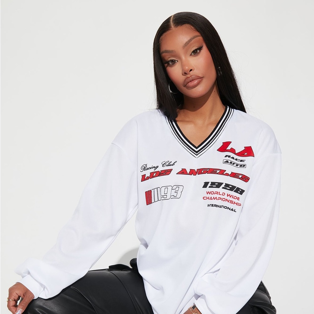 Fashion Nova LA Racers Long Sleeve Jersey in white